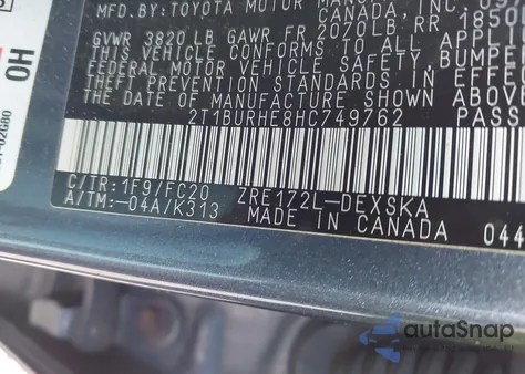 2017 Toyota Corolla Se z USA, uszkodzony, nr VIN 2T1BURHE8HC749762